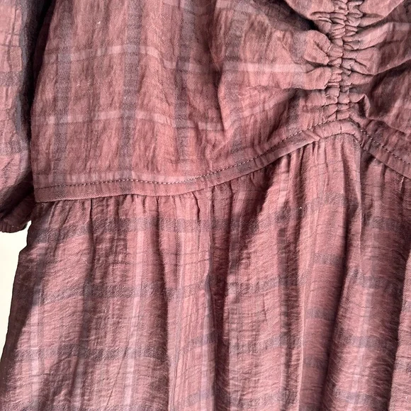 Brown Plaid Midi Dress Puff Sleeves, smoked back, sweetheart neckline - Picture 5 of 5